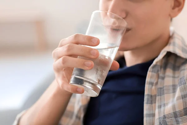 Young Man Drinking Water Home Closeup — Stock Photo, Image