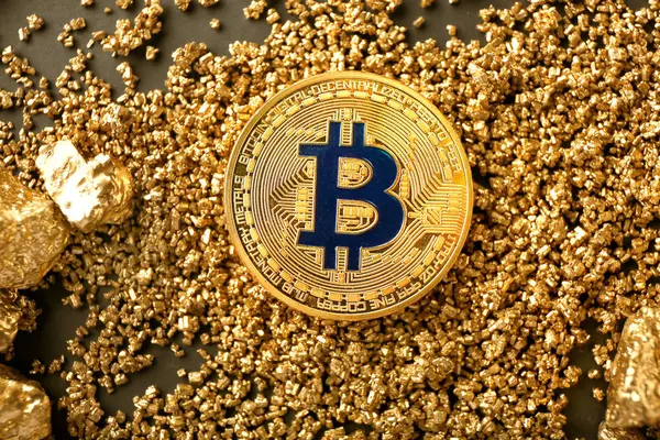 Bitcoin Pepitas Oro Sobre Fondo Negro — Foto de Stock