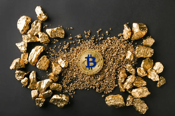 Bitcoin Pepitas Oro Sobre Fondo Negro — Foto de Stock