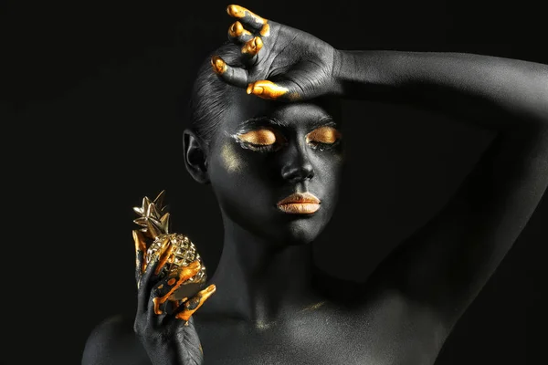 Beautiful Woman Black Golden Paint Her Body Dark Background — Stock Photo, Image