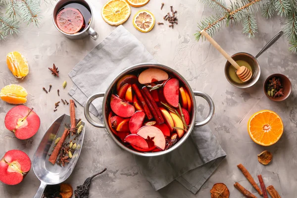 Saucepan Metal Cup Delicious Mulled Wine Ingredients Grey Table — Stock Photo, Image