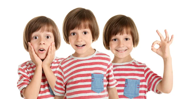 Niño Con Diferentes Emociones Sobre Fondo Blanco — Foto de Stock