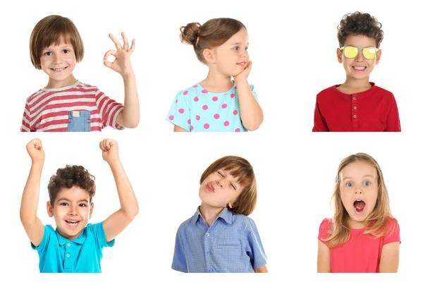 Bambini Piccoli Con Emozioni Diverse Sfondo Bianco — Foto Stock