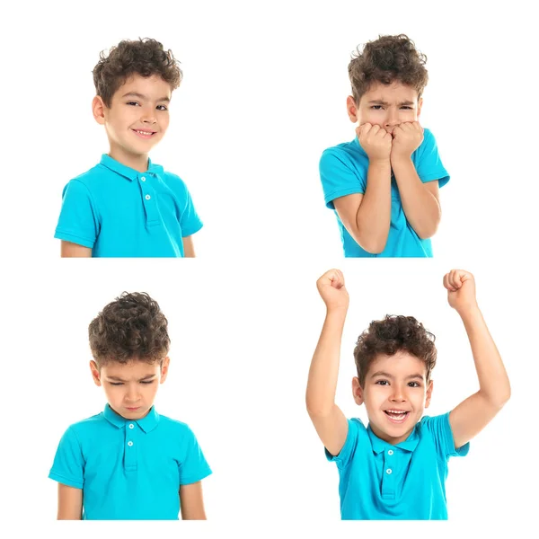 Niño Con Diferentes Emociones Sobre Fondo Blanco —  Fotos de Stock
