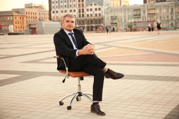 Handsome Businessman Sitting Office Armchair Outdoors — Stock Photo, Image