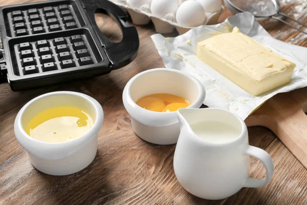 Ingredients Modern Waffle Maker Wooden Table — Stock Photo, Image