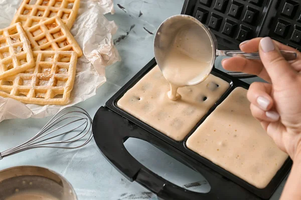 Woman Pouring Raw Dough Modern Waffle Maker Closeup — Stock Photo, Image