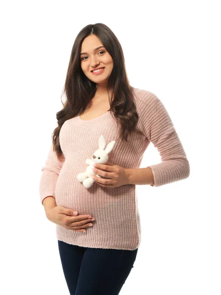 Mulher Grávida Bonita Com Brinquedo Fundo Branco — Fotografia de Stock