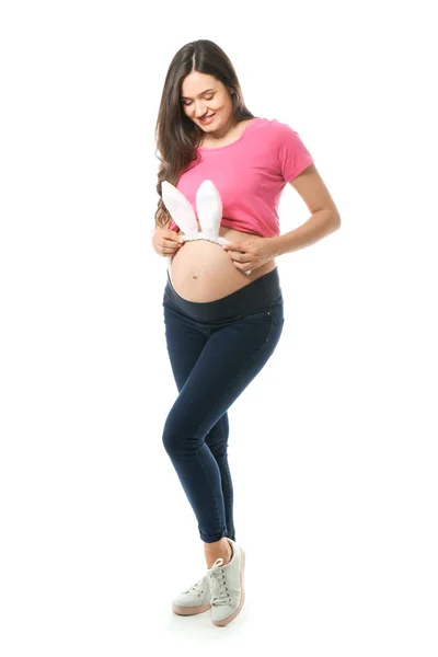 Krásná Těhotná Žena Uši Zajíček Bílém Pozadí — Stock fotografie