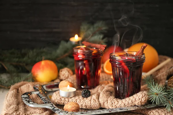 Glasses Delicious Mulled Wine Warm Plaid — Stock Photo, Image