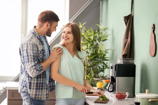 Happy Young Couple Cooking Together Kitchen — Stock Photo, Image