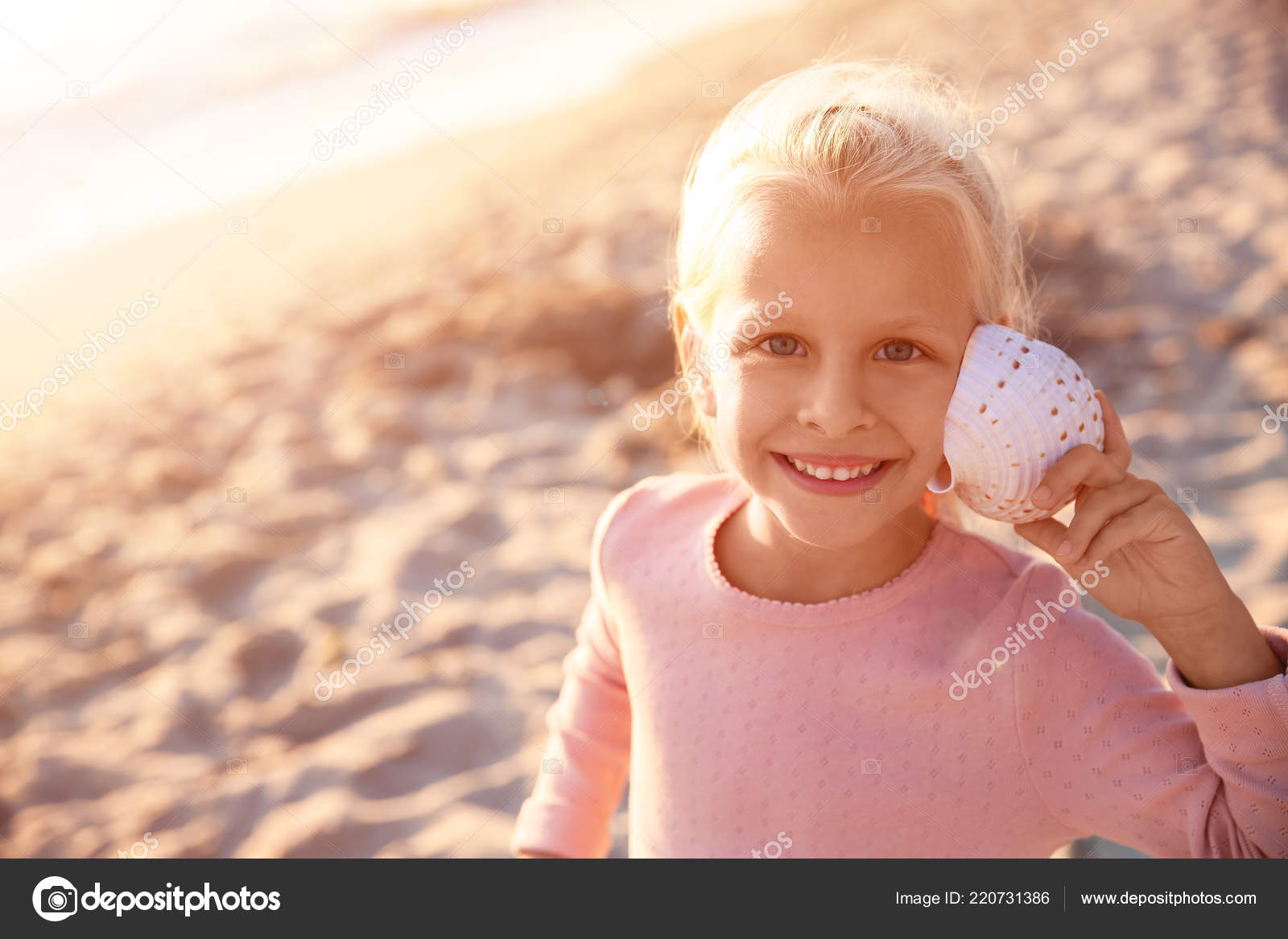 Cute Little Girl Sea Shell Beach Stock Photo by ©serezniy 220731386