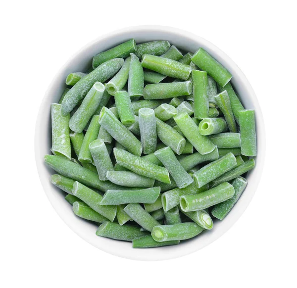 Bol Avec Haricots Verts Congelés Sur Fond Blanc — Photo