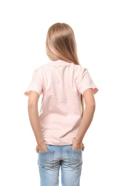 Cute Girl Shirt Hands Pockets White Background Back View — Stock Photo, Image