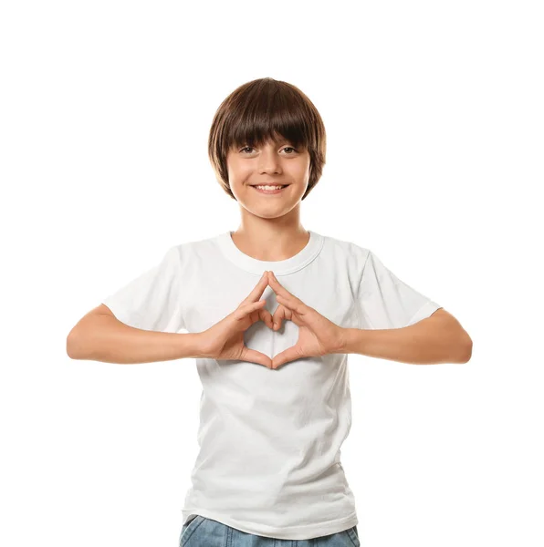 Kleiner Junge Macht Herz Mit Seinen Fingern Auf Weißem Hintergrund — Stockfoto