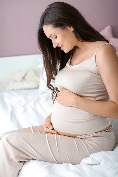 Beautiful Pregnant Woman Sitting Bed — Stock Photo, Image