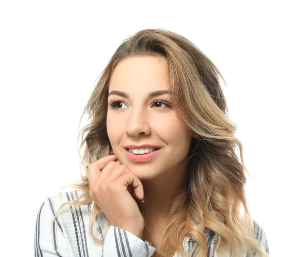 Retrato Una Hermosa Joven Sobre Fondo Blanco — Foto de Stock