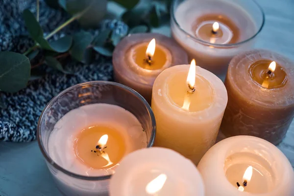 Beautiful Burning Candles Wooden Table — Stock Photo, Image