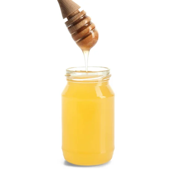 Honig Tropft Vom Löffel Ins Glas Auf Weißem Hintergrund — Stockfoto