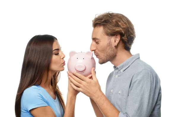 Happy Young Couple Piggy Bank White Background — Stock Photo, Image