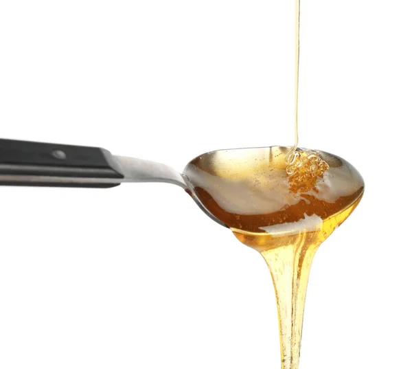Metalllöffel Mit Honig Vor Weißem Hintergrund — Stockfoto