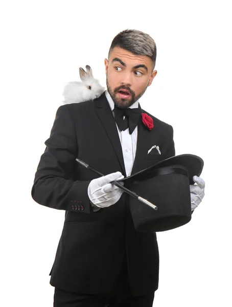 Male Magician Showing Tricks White Background — Stock Photo, Image