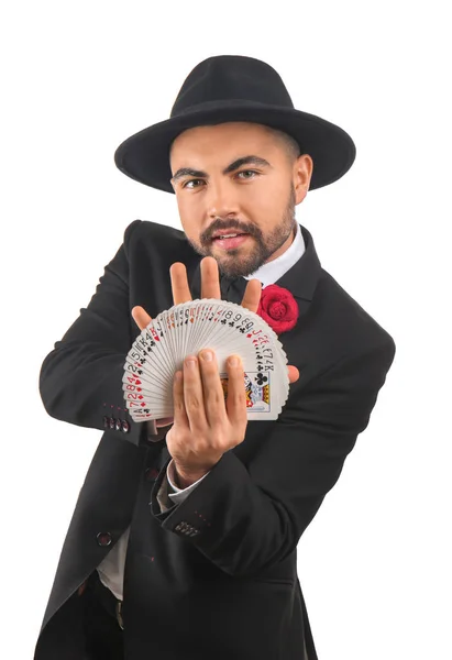 Male Magician Showing Tricks Cards White Background — Stock Photo, Image