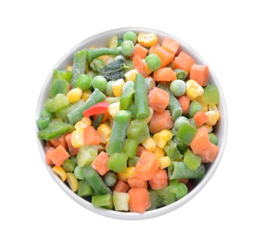 Beyaz arka plan üzerinde dondurulmuş sebzeler ile kase