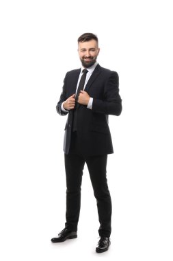 beyaz zemin üzerinde emin iş adamı