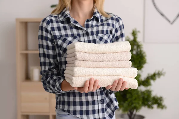 Woman Holding Stack Clean Soft Towels Home — Stock Photo, Image