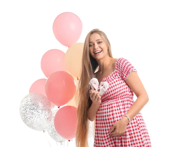 Hermosa Mujer Embarazada Con Botines Bebé Globos Aire Sobre Fondo — Foto de Stock