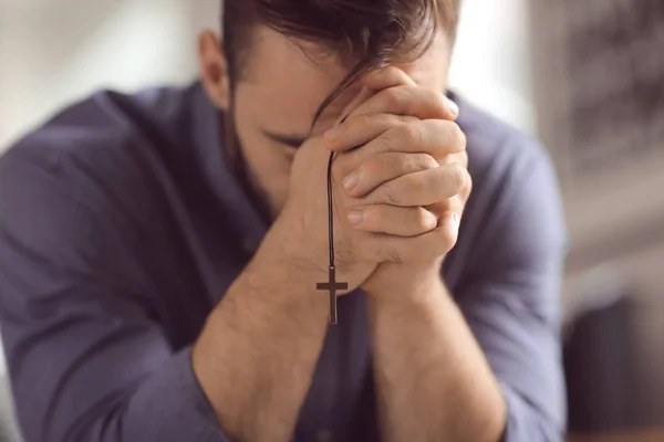 Religious Young Man Praying God Home Closeup — Stock Photo, Image