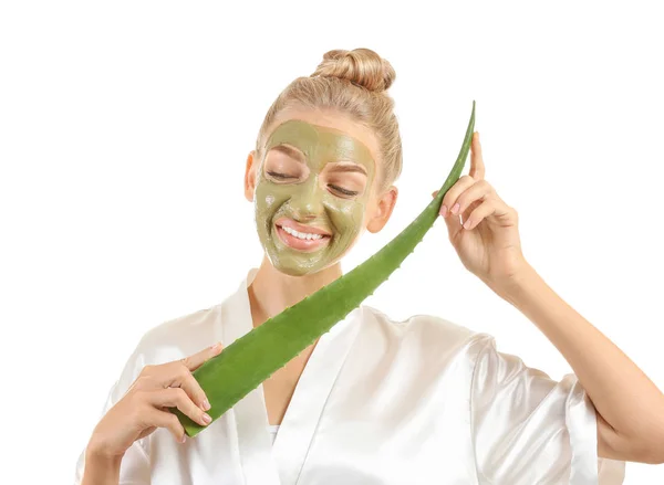 Hermosa Joven Con Máscara Facial Que Contiene Extracto Aloe Vera — Foto de Stock