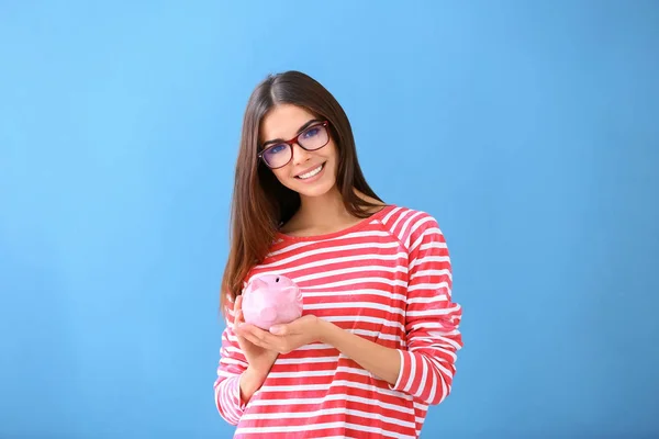 Beautiful Young Woman Piggy Bank Color Background — Stock Photo, Image
