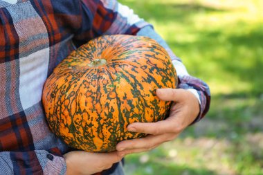 Açık havada, taze çiğ kabak tutan kadın portre