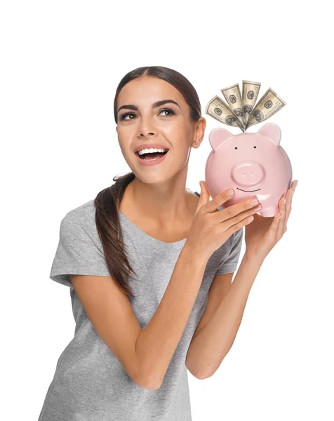 Beautiful Young Woman Piggy Bank White Background — Stock Photo, Image