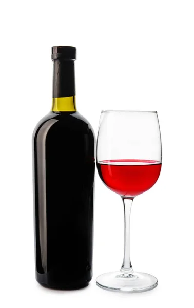 Bicchiere Bottiglia Con Gustoso Vino Sfondo Bianco — Foto Stock