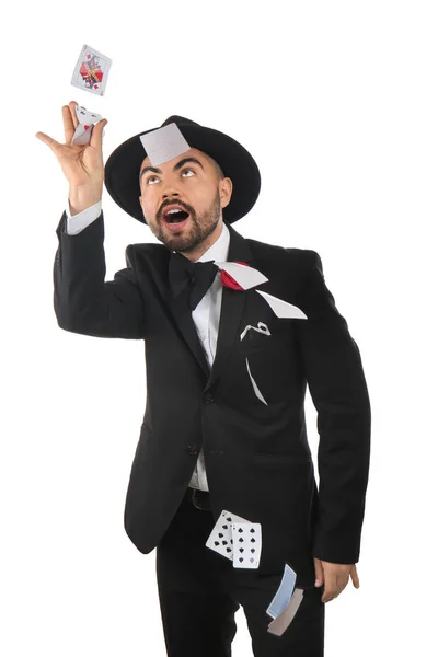 Male Magician Showing Tricks Cards White Background — Stock Photo, Image