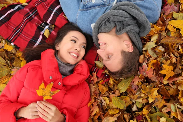 Loving Young Couple Lying Dry Leaves Autumn Park — Stock Photo, Image