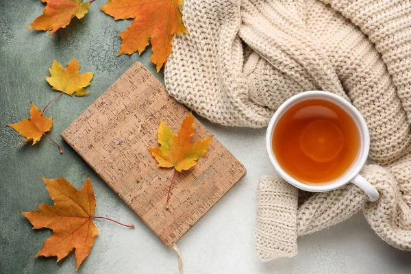 Composition Cup Aromatic Tea Warm Sweater Book Autumn Leaves Color — Stock Photo, Image