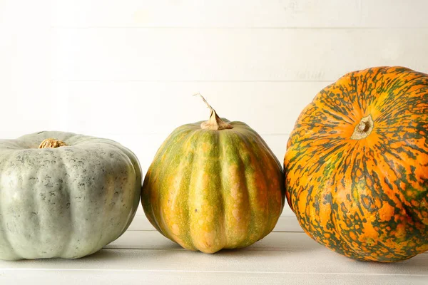 Different Fresh Pumpkins White Table — Stock Photo, Image