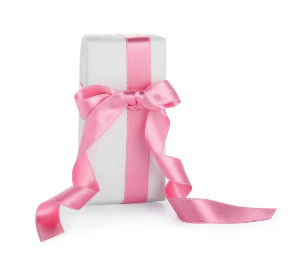 Mooi Geschenkdoos Met Roze Lint Witte Achtergrond — Stockfoto