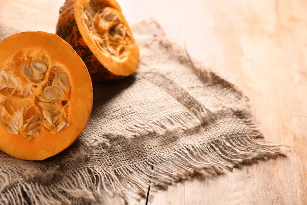 Cut Fresh Raw Pumpkin Wooden Table — Stock Photo, Image