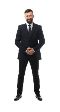 beyaz zemin üzerinde emin iş adamı