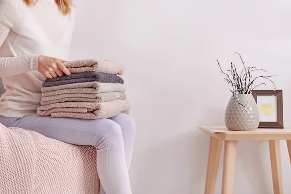 Woman Stack Clean Soft Towels Sofa Home — Stock Photo, Image