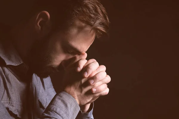 Religious Young Man Praying God Black Background — Stock Photo, Image