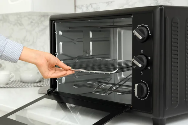 Woman Putting Rack Electric Oven — Stock Photo, Image