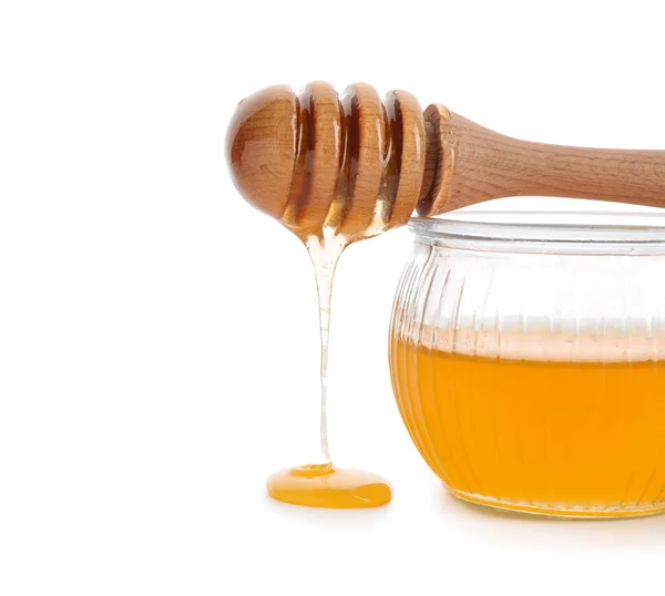 Glas Honig Mit Löffel Auf Weißem Hintergrund — Stockfoto