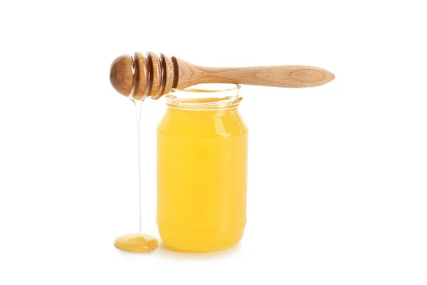Jar Honey Dipper White Background — Stock Photo, Image