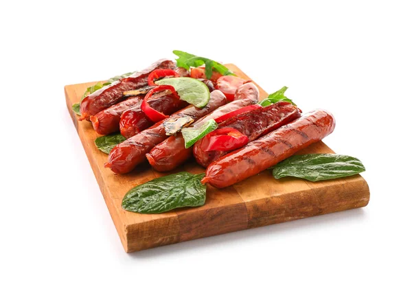 Wooden Board Delicious Grilled Sausages Vegetables White Background — Stock Photo, Image